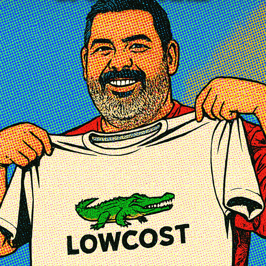 A man holding a clearly fake Lacoste t-shirt with the title 'How to spot a fake'